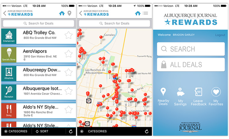 The JournalRewards app allows users to find nearby merchants offering discounts for Journal subscribers.