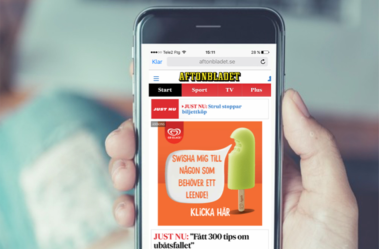 Readers of Aftonbladet could click and Swish the gift of ice cream to friends on warm summer days as part of an ad campaign for GB Glace/Heartbrand.