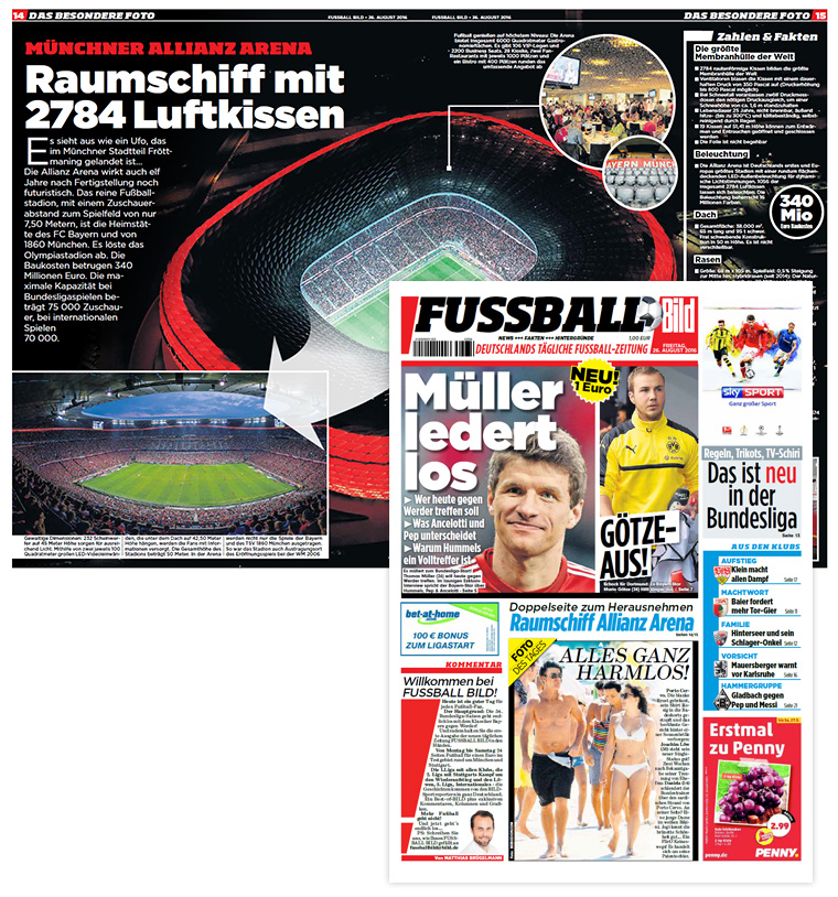 The first edition of FUSSBALL BILD was published on August 26, 2016, and featured a detailed infographic of the Allianz Arena.