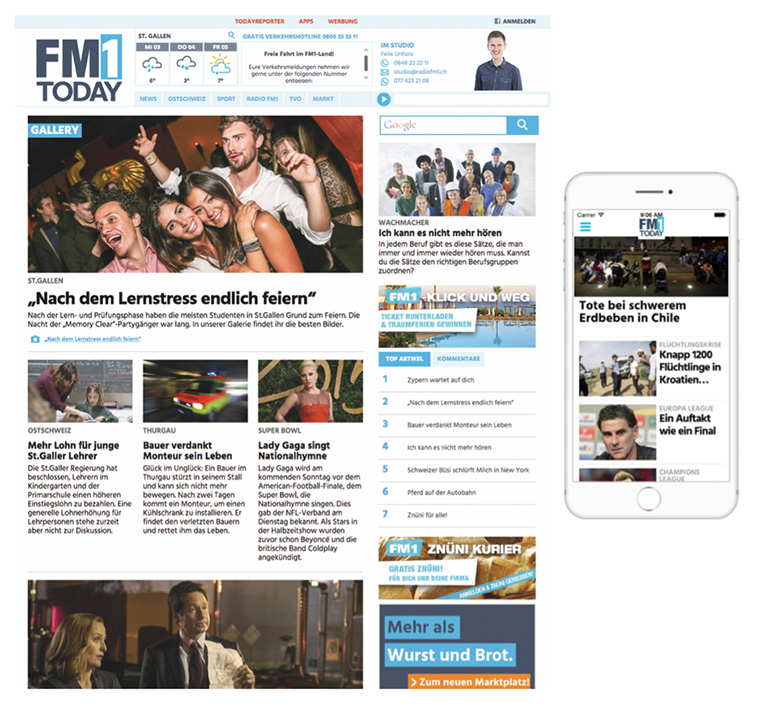 The FM1Today news portal was created in partnership with NZZ Mediengruppe in Switzerland. It was built on WordPress to streamline editorial processes on desktop and mobile devices.