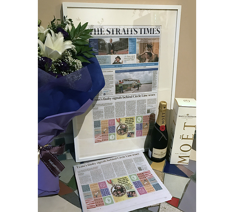 Recipients of Personalised Print get an exclusive, framed copy of the newspaper plus a bouquet of flowers and a bottle of champagne.