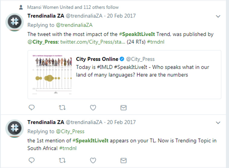 The campaign trended on Twitter for three hours on International Mother Language Day.
