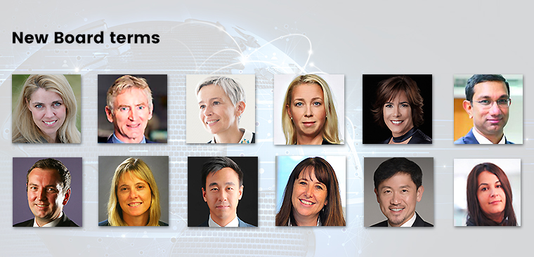 Elected to new INMA Board terms are, from left to right from top, Alexandra Beverfjord, Michael Doorly, Griet Ducatteeuw, Lotta Edling, Maria Eugenia Ferre Rangel, Sanjay Gupta, Chris Janz, Debby Krenek, Gary Liu, Rika Swart, Anthony Tan, and Suzi Watford.