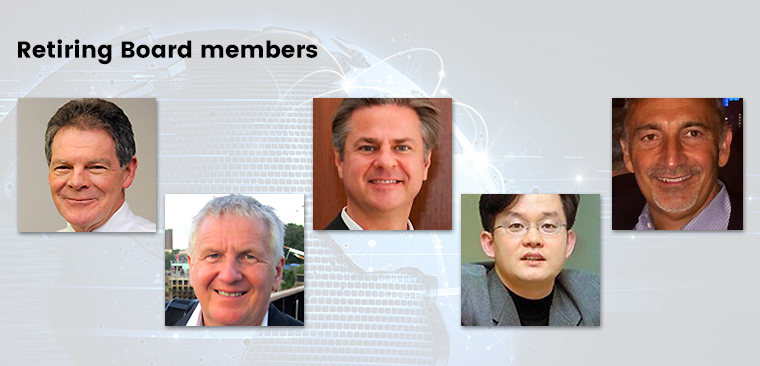 From left to right: Ross McPherson, Mark Challinor, Paulo Mira, Changhee Park, Chris Blaser depart the INMA Board of Directors after many years of service.