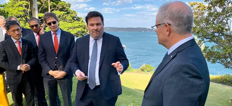 INMA President Damian Eales of News Corp Australia gives formal remarks on behalf of the INMA board of directors to Australian Prime Minister Scott Morrison at his Sydney resident, Kirribilli House. Backed by Singapore Press Holdings’ Anthony Tan, Dainik Jagran’s Sanjay Gupta, and El Espectador’s Eduardo Garces, Eales pointed to press freedom issues in Australia as well as the transformation of news media internationally.