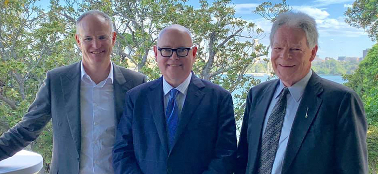 News Corp Australia Executive Chairman Michael Miller, INMA CEO Earl J. Wilkinson, and McPherson Media Executive Chairman Ross McPherson share a moment during a reception with Australian Prime Minister Scott Morrison at his Sydney residence.