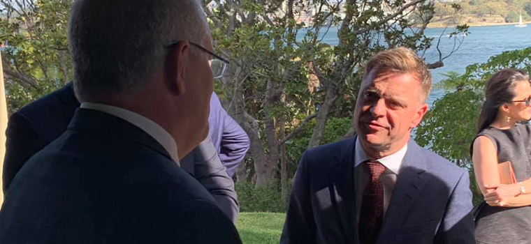 Aftenposten Editor-in-Chief and CEO Espen Egil Hansen discusses the future of journalism with Australian Prime Minister Scott Morrison at his Sydney residence, Kirribilli House.
