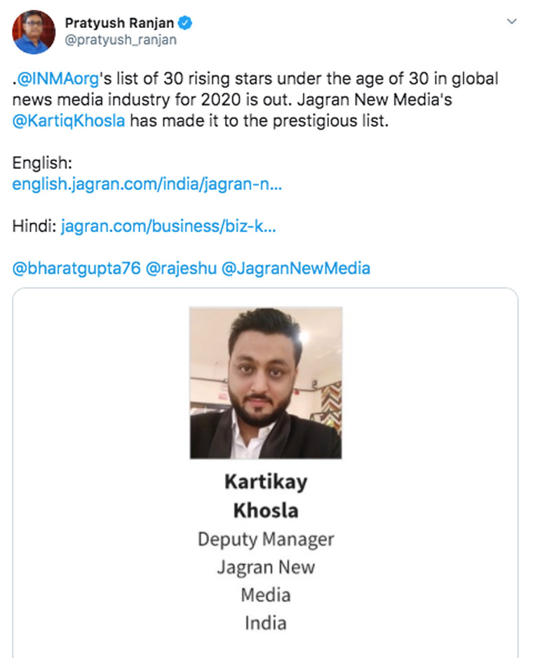 Kartikay Khosla is deputy manager at Jagran New Media in India.