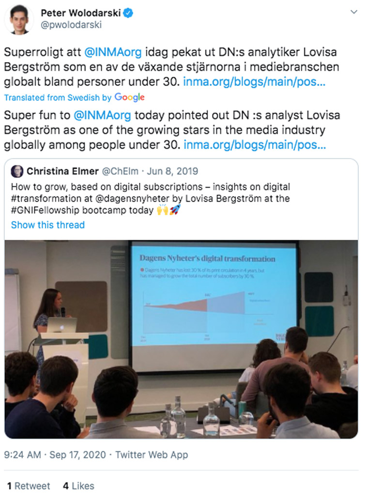 Lovisa Bergström is a data scientist and team lead for the analytics team at Dagens Nyheter in Sweden.