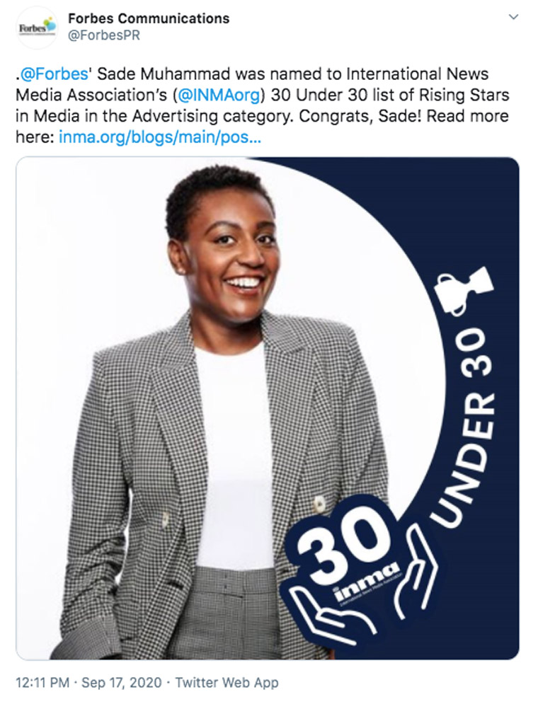Sade Muhammad is director of representation and inclusion partnerships at Forbes in the United States. 