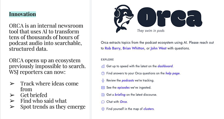 ORCA is the winning initiative from The Wall Street Journal, created to help the newsroom use AI to search podcast audio.