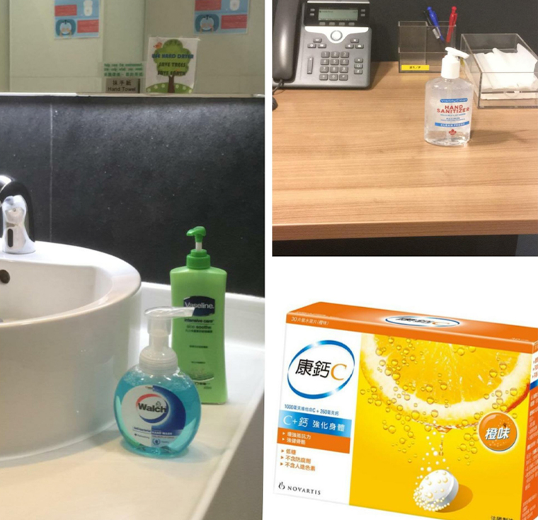 Antibacterial handwash, vitamin C tablets, and hand sanitizers are available across departments, meeting rooms, and common areas.