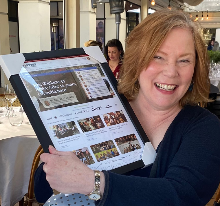 At a recent farewell lunch in Dallas, Kris Williams received an INMA.org fake mock-up celebrating her 10 years with the organisation.