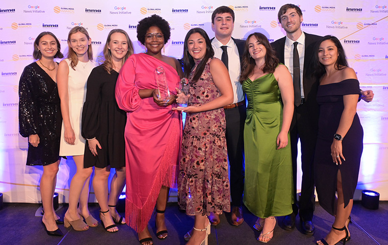 INMA members celebrating their Global Media Awards win at last year's INMA World Congress of News Media in New York.