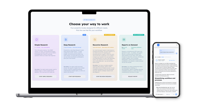Ask INMA 2.0 offers four ways to research INMA content: simple research, deep research, recursive research, and reports on demand.