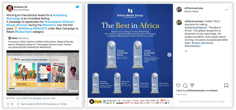 Vijay Karnataka and Nation Media Group celebrate their Global Media Award wins.