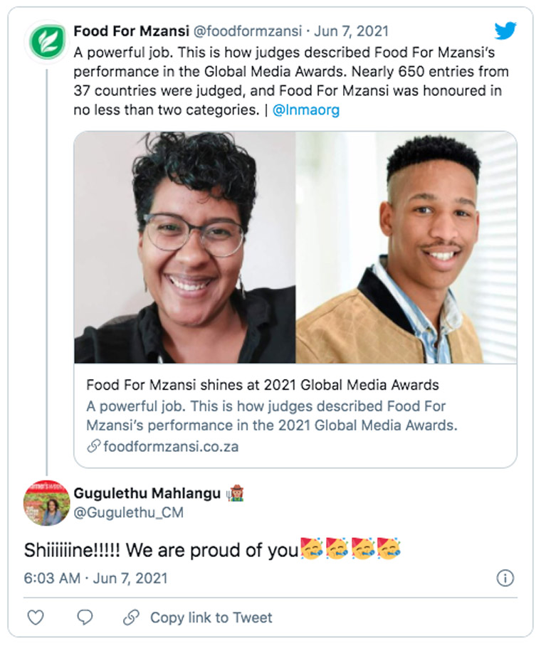 Food for Mzansi appreciated the judge's comments on its entry.