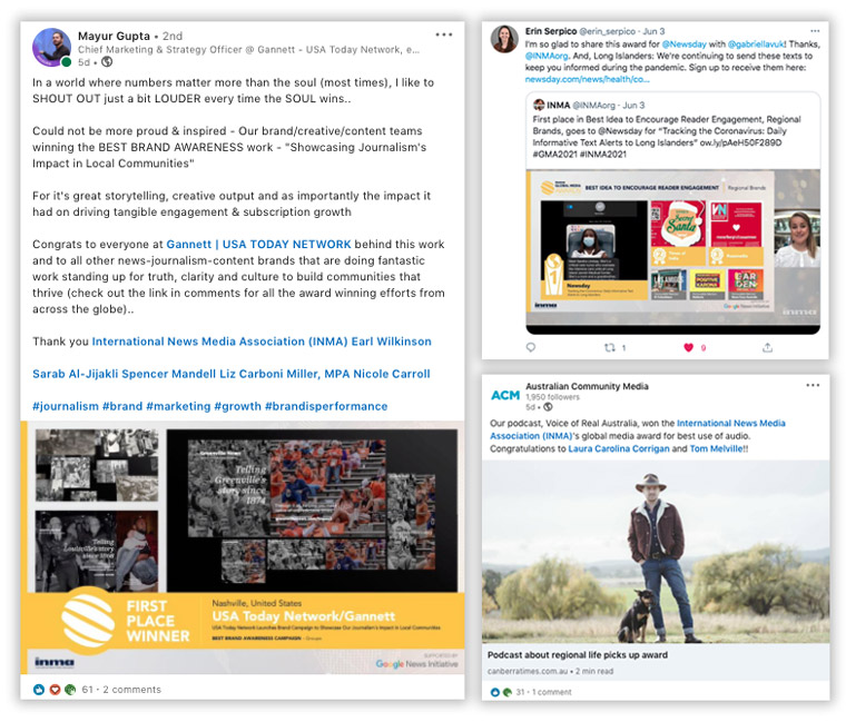 Winners from Gannett, Newsday, and Australian Community Media joined the virtual celebration.
