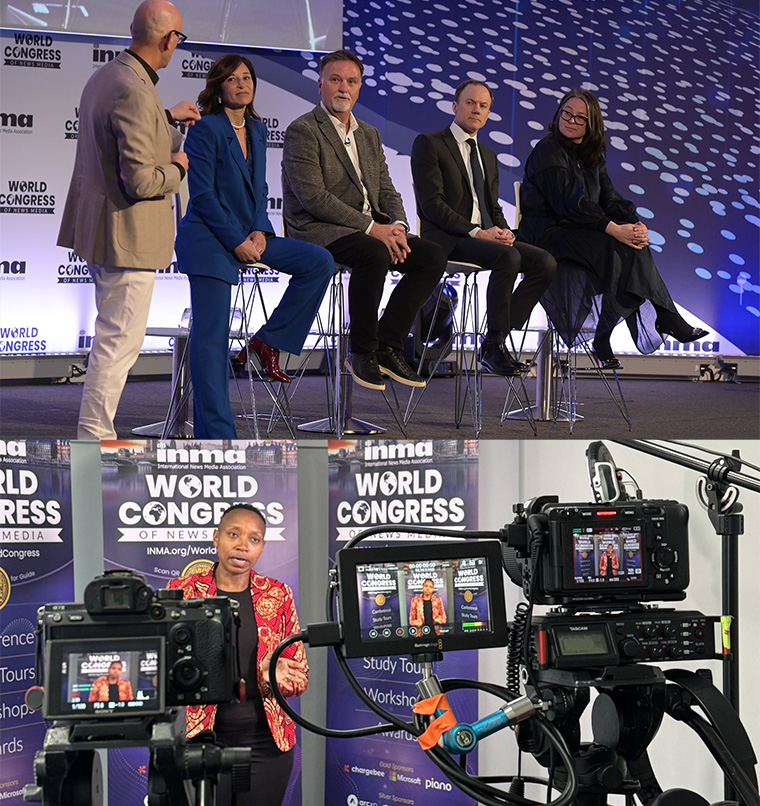 World Congress co-moderator Robert Whitehead interviews media CEOs about AI and the economy; video interviews with speakers like Nation Media Group COO Monicah Ndungu will be available for INMA members.