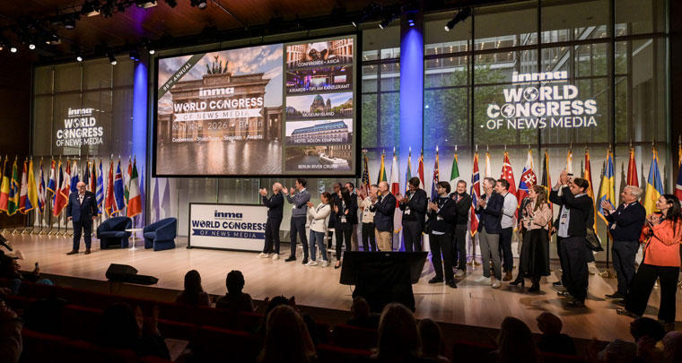 INMA CEO Earl Wilkinson and German delegates to the New York World Congress announce Berlin as the host city of the 2026 World Congress of News Media. This announcement was made on May 21, 2025, at The TimesCenter in New York.