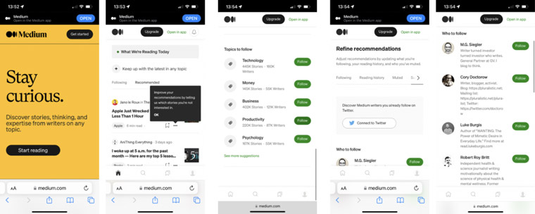 Medium uses a prompt to ask users what they are interested in and clearly points to the fact that this information will allow it to make personalised recommendations.