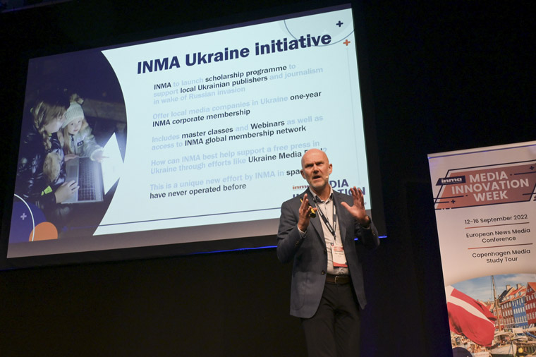 Gert Ysebaert, first vice president of INMA and CEO of Mediahuis, helped make the announcement in Copenhagen.