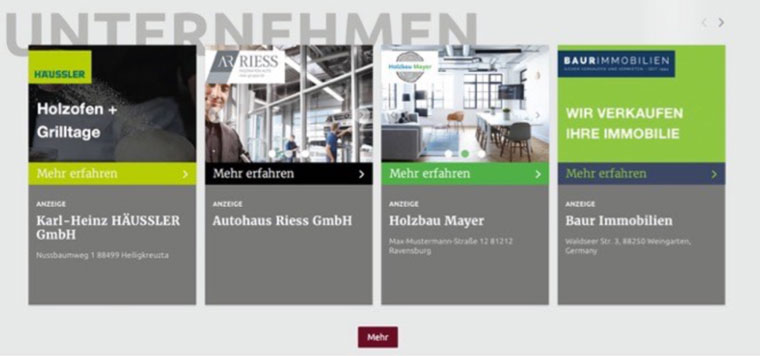 This is a company (“Unternehmen”) banderole with all local advertisers of a specific region with one regional Germany publisher, which successfully scaled local ads from the existing print advertiser base to 500 per month.