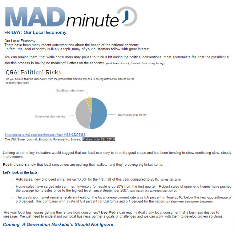 The MAD Minute is a quick summary of the most relevant information for the sales team.