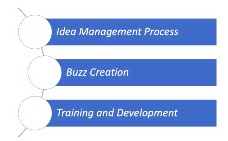 The three systematic innovation process steps are idea management, buzz creation, and training and development.