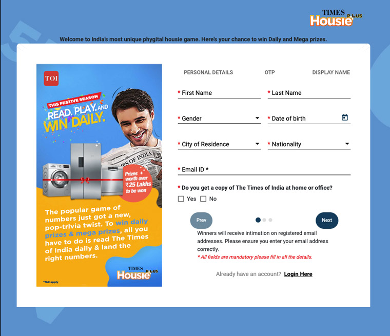 The Times Housie Plus game toggled between the print and digital editions of Times of India.