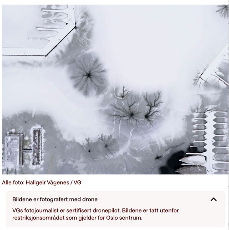 VG was the first newsroom in Schibsted to adopt the new feature. The editorial team felt it was important to inform users that what might appear to some as an AI-generated image is in fact an authentic drone photograph taken by a VG photographer who is a certified drone pilot. Photo: Screenshot VG
