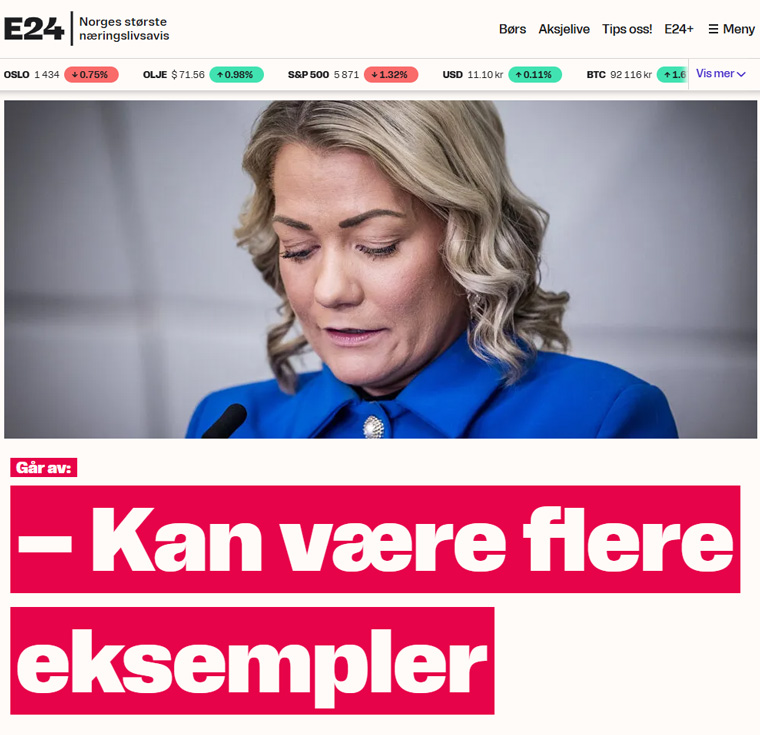 The E24 front page in the evening when minister of higher education Sandra Borch resigned.
