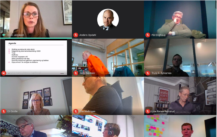 Eivor Jerpåsen, head of editorial development (top left), in an online meeting with Amedia’s managing editors to discuss content strategy.
