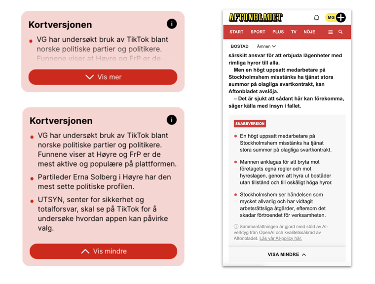 Click-to-expand AI-generated article summary examples from VG and Aftonbladet.