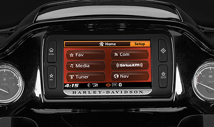 A touchscreen display integrated on Harley-Davidson motorcycle.