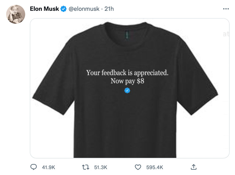 Musk has floated a US$8 fee for the blue check mark of verification.