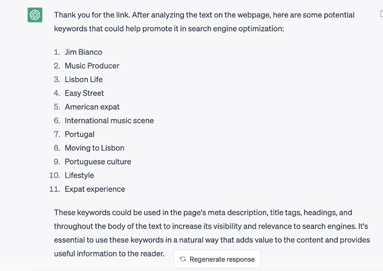ChatGPT suggestions for SEO when a URL is shared in the question.