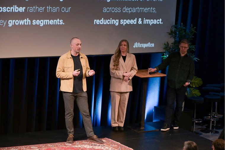 From left to right: Karl Oskar Teien, director of product and UX af Aftenposten; Johanne Barman-Jenssen, brand manager; and Eirik Hammersmark Winsnes, commercial director.