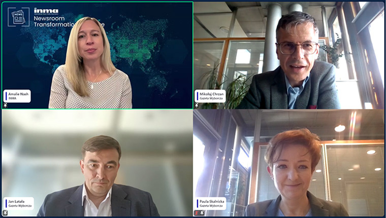 Amalie Nash (top left) joined by Gazeta Wyborcza’s Mikolaj Chrzan, Jan Latala, and Paula Skalnicka to discuss their newsroom transformation.