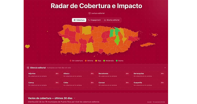 El Vocero’s coverage radar maps all 78 Puerto Rican municipalities by how much journalism each received in the past 30 days. Red means none. Slide: Giovanny Vega, El Vocero de Puerto Rico.