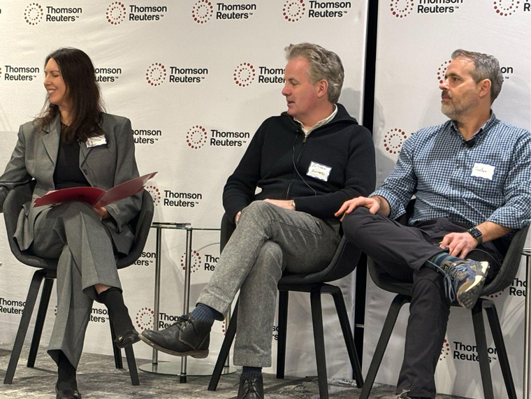 From left to right: Canada bureau chief Caroline Stauffer, head of global news desk Ed Tobin, and global editor for newsroom AI Jonathan Leff at a February 2026 Reuters event on AI in the newsroom.
