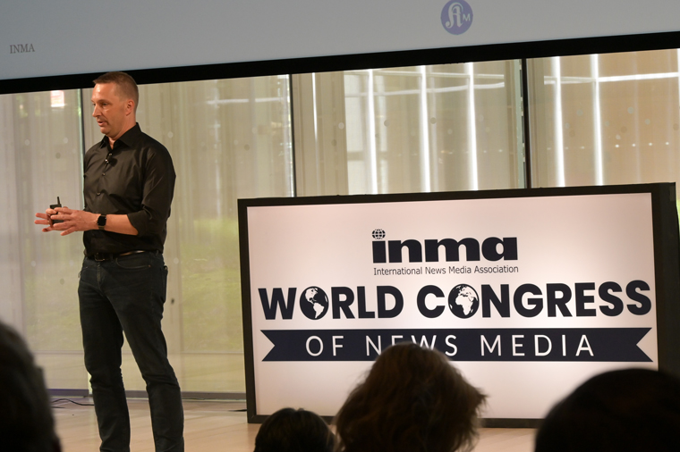 Thomas Schultz-Homberg, CEO of KSTA, speaking at the INMA World Congress of News Media.
