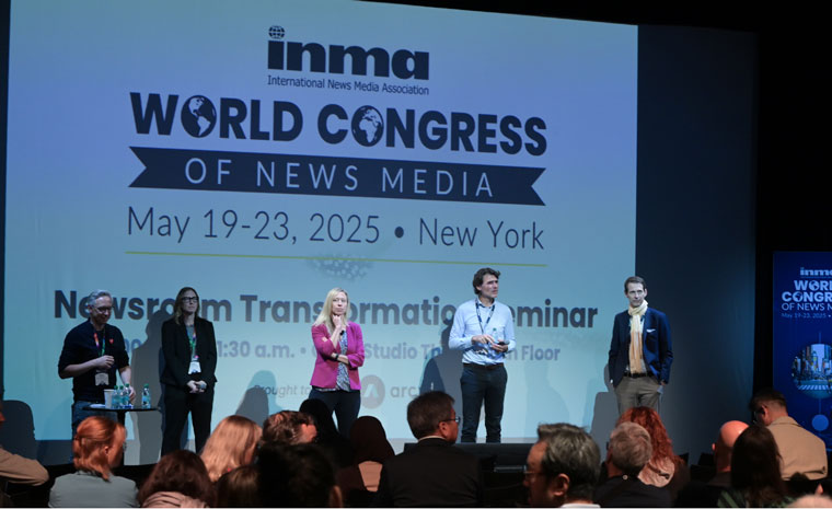 From left to right: Dmitry Shishkin, CEO, Ringier Media International, Switzerland; Nicole Stockdale, executive editor, The News & Observer and Herald-Sun, United States; Amalie Nash, INMA Newsroom Transformation Initiative lead; Lars Anderson, head of innovation, DPG Media, Netherlands; and Patrick Rademacher, chief strategy and innovation officer, Ringier Media, Switzerland.