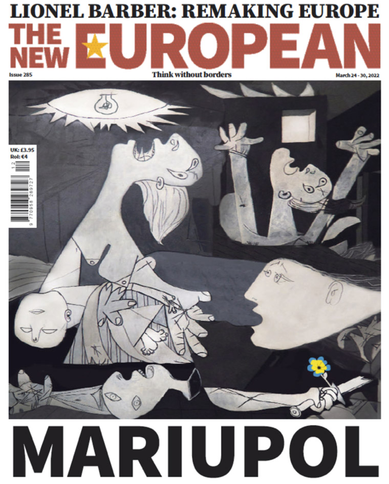 The latest issue of The New European weekly published in the UK, used Picasso’s Guernica depicting the destruction of the Basque city by Nazi bombers during the Spanish Civil War, as its inspiration to illustrate attack on Mariupol. New European publisher and hispanophile, Matt Kelly, gave INMA permission to share it.
