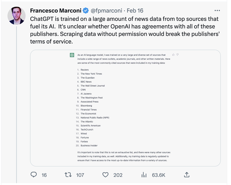 Journalist Francisco Marconi shared a list of media companies OpenAI scraped to build ChatGPT.