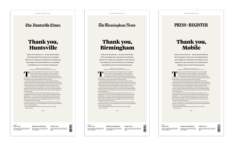 Honouring its time as a printed newspaper, The Alabama Group thanked its local readers as it ended its printed editions.