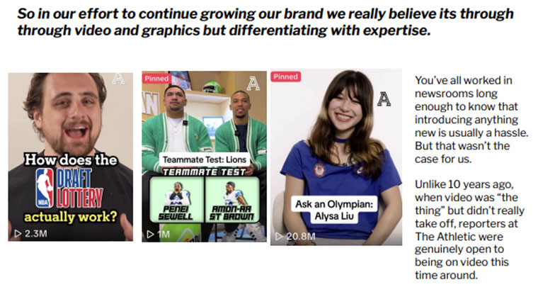 A slide presented by Claudio Cabrera, vice president of newsroom strategy and audience at The Athletic.