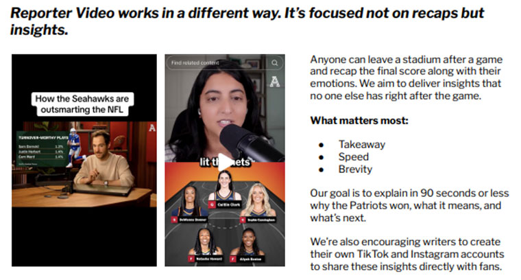 A slide presented by Claudio Cabrera, vice president of newsroom strategy and audience at The Athletic.