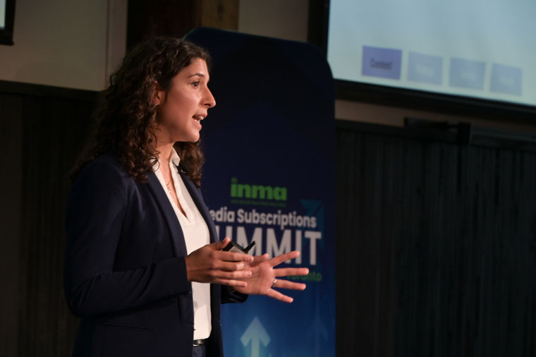 Le Devoir Director of Marketing and Business Intelligence Marianne Gélinas speaks at the INMA Subscriptions Summit.