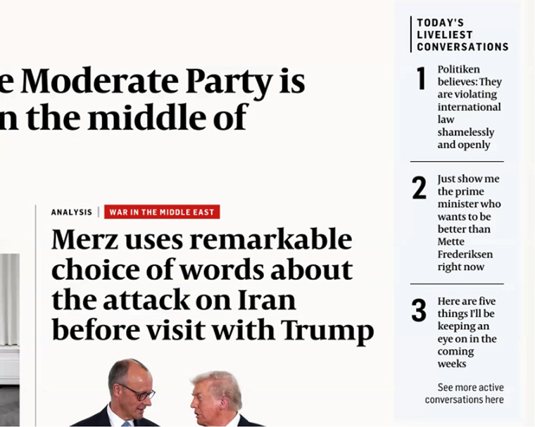 A look at the “Today’s liveliest conversations” module on Politiken, translated into English.
